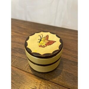Vintage Round Wooden Hand Painted Trinket/Pill Box 2" X‎ 1- 1/2" Tall.